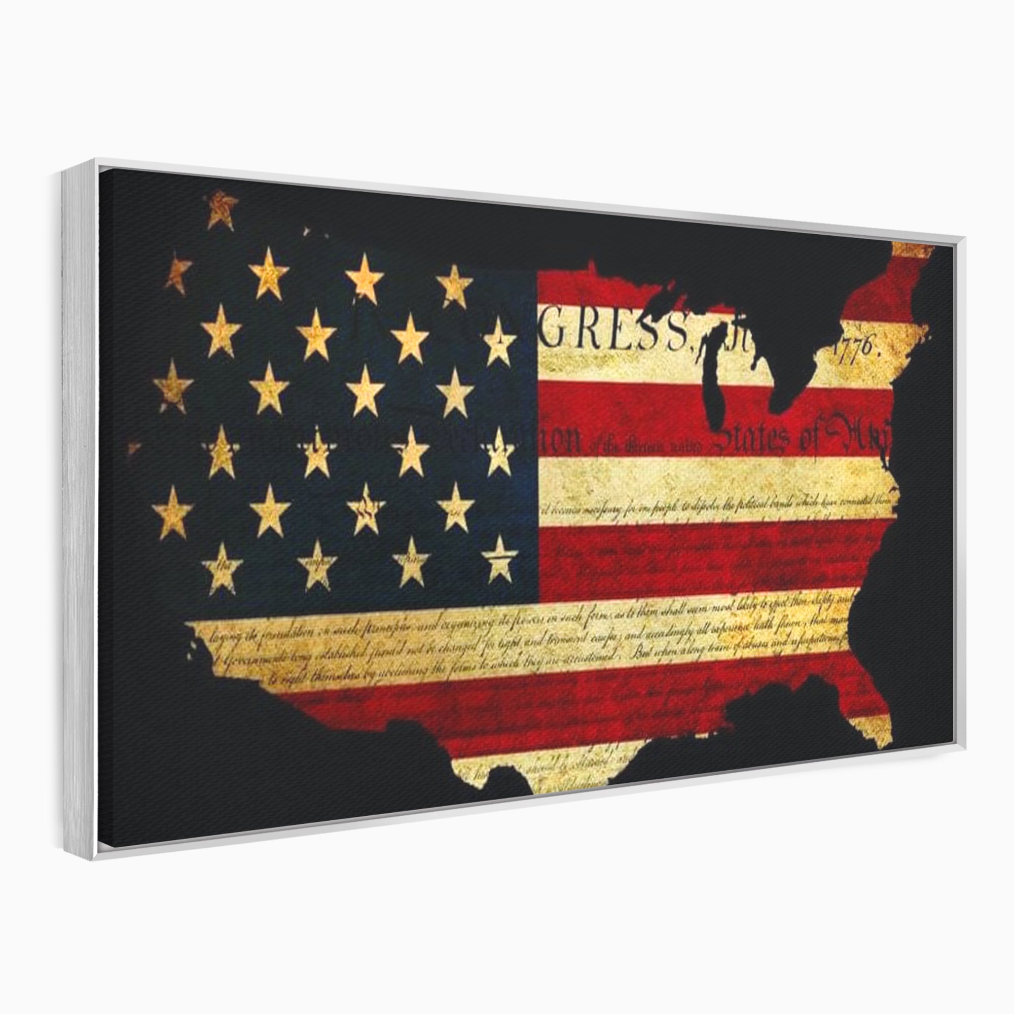 Tablou canvas cu tablou canvas cu harta statelor unite si steagul american, in rama de aluminiu argintiu